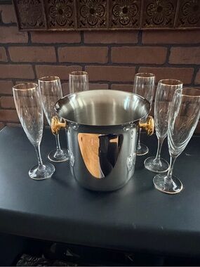Vintage French stainless steel champagne, ice bucket 6 fluted, champagne glasses